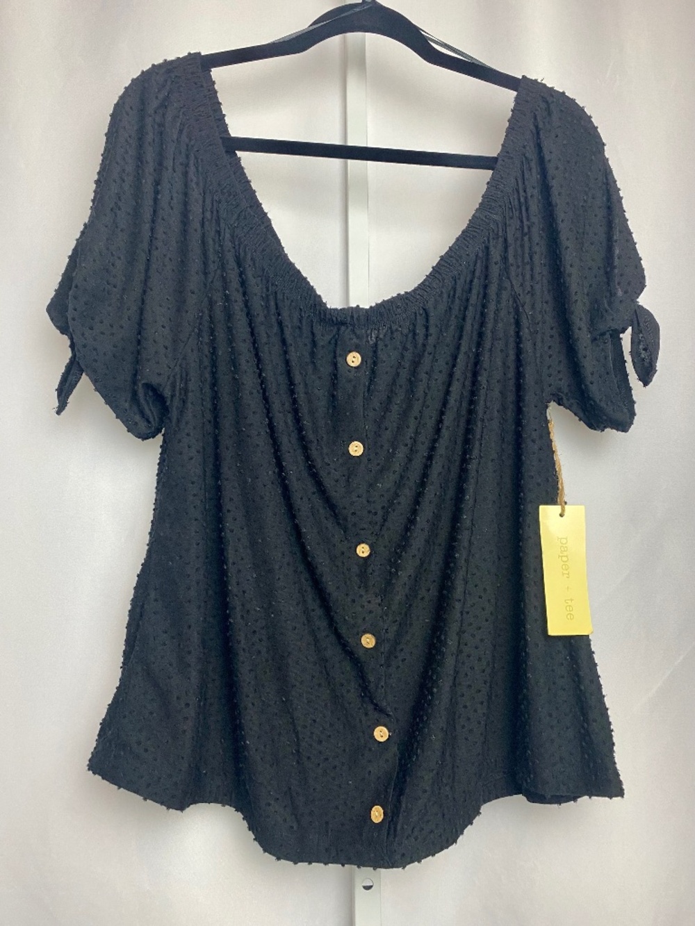 NWT Paper + Tee Womenʻs Plus Size Black Swiss Dot Short Sleeve Peasant Blouse 3X